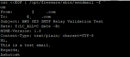 Figure 3. Sending an authenticated test email through Amazon SES using Sendmail.