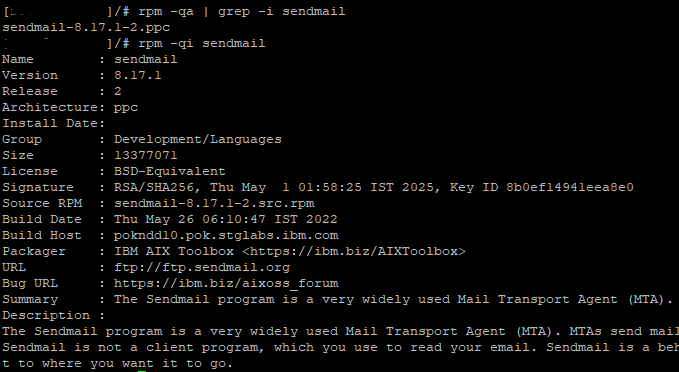 Locate the existing Sendmail binary and verify the currently installed version.