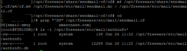 Figure 2. Regenerating the Sendmail configuration and verifying the SMART_HOST and authentication database.