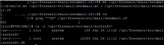 Figure 2. Regenerating sendmail.cf from sendmail.mc and verifying the SMART_HOST (DS) configuration.